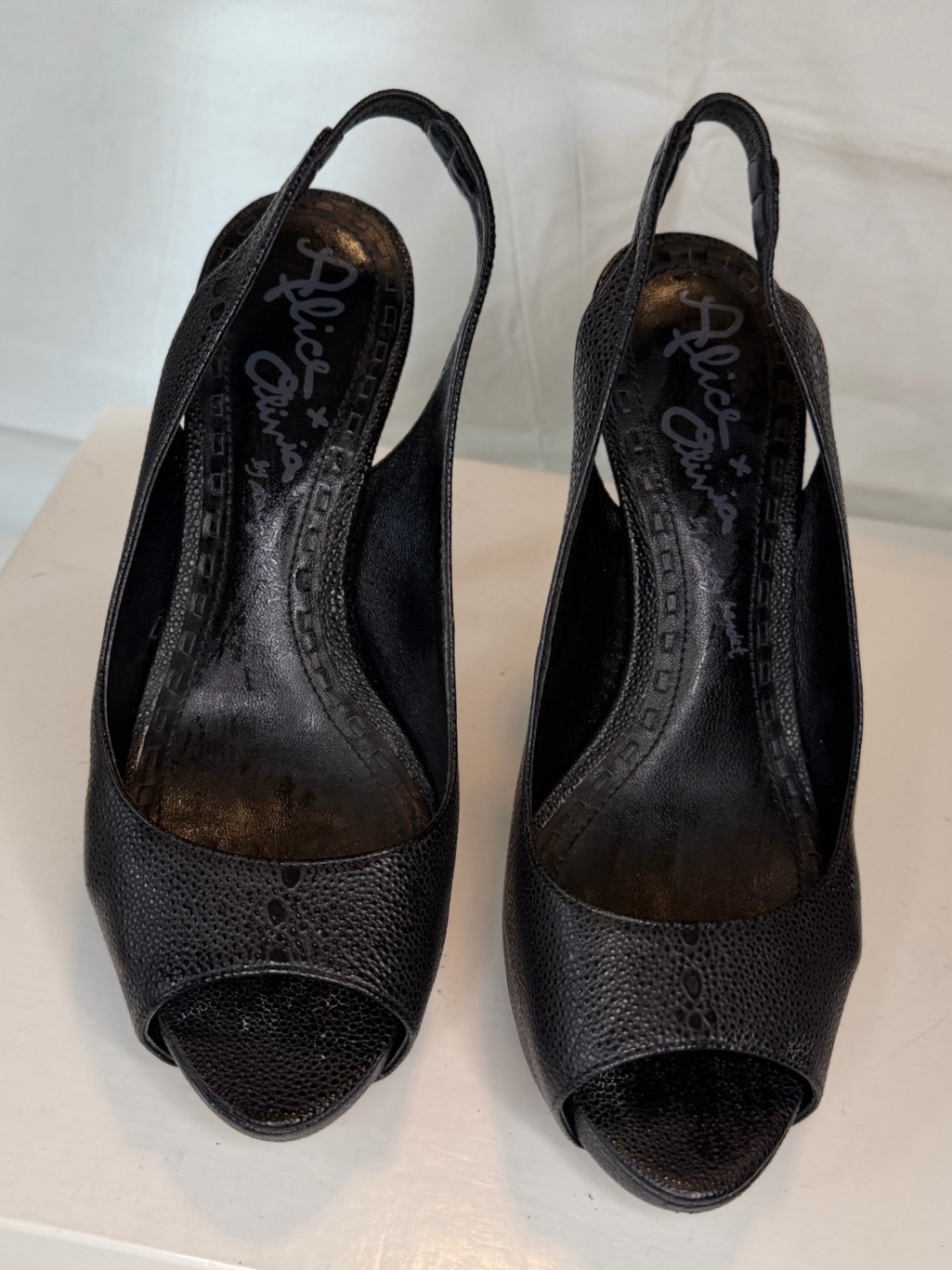 Alice + Olivia Black Peep-Toe Slingback Heels